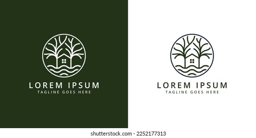Abstract tree house logo design template with modern line art style Premium Vector design