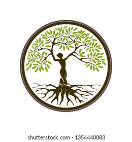 abstract tree human logo with circle around, a woman strung with a black tree . a type of classic logo that is durable and elegant.