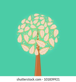 Abstract Tree Icon with Round Leaf Crown on Green Background.