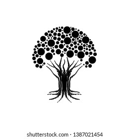 abstract tree icon and symbol, engraved wood with round leaves