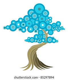 Abstract tree illustration of oriental style tree with blue circles.