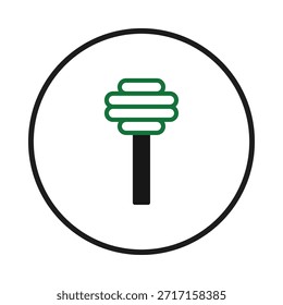 Eine abstrakte Baumdarstellung innerhalb eines kreisförmigen Rahmens weist ein stilisiertes Baumkronendesign mit geschichteten grünen Segmenten auf schwarzem Grund auf. Diese minimalistische Grafik vermittelt einen Sinn für Natur, Einfachheit,