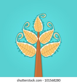 Abstract Tree with Large Yellow Leaves on Blue Background. Vector Illustration