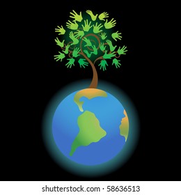 Abstract tree with leaves in the form of hands on a planet the earth