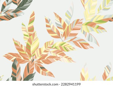 Abstract tree leaves repeat wallpaper vector. Lush floral summer bandana cloth print. Paradise tree branch leafage endless pattern. Stripes texture plant leaves.