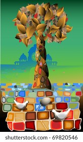 Abstract tree of life against architecture and a mosaic tile with pigeons and egg
