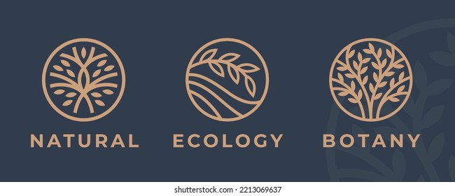 Abstract Tree of life logo icons set. Eco nature symbols. Tree branch with leaves signs. Natural plant design elements emblems. Vector illustration. svg