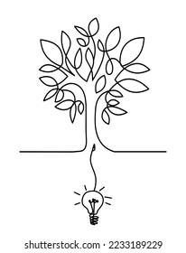 Árbol abstracto con bombilla de luz como dibujo de línea sobre el fondo blanco. Vector