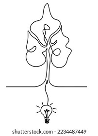 Abstract tree with light bulb as line drawing on the white background. Vector