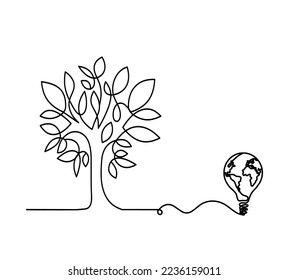 Árbol abstracto con bombilla de luz como dibujo de línea sobre el fondo blanco. Vector