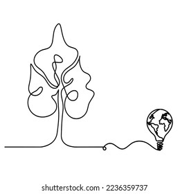 Árbol abstracto con bombilla de luz como dibujo de línea sobre el fondo blanco. Vector