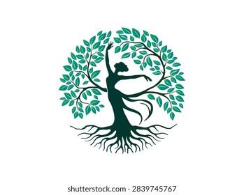 Abstract tree logo with dancing woman shape. Vector Illustration of a unique Tree with circles and dryads shapes