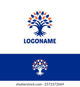 Abstract Tree Logo Design with Blue and Orange Leaf Motif for Business and Nature Branding.