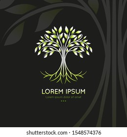 Abstract tree logo on a black background. Modern illustration. Isolated vector. Great for emblem, monogram, invitation, flyer, menu, brochure or any desired idea.