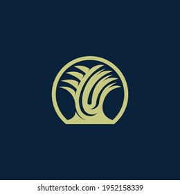 Abstract tree logo.Green nature element isolated on dark fund.Decorative organic icon  for beauty, spa, eco, natural food, environmental brand.Plant sign.Fresh geometric shape.Round emblem.