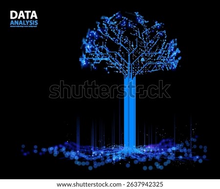Abstract tree with luminous blue particles, symbolizing machine learning algorithms. Futuristic background for AI presentations, data science, and tech startups vector background