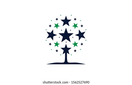 Abstract tree made of blue and green stars which connect to tree trunk and roots that meet the soil