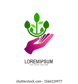Abstract tree made of hands and leaves. Nature logo or ecology