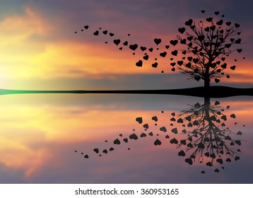 Abstract Tree Made With Hearts. Water Reflection Landscape. Vector illustration