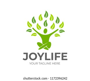 Abstract tree man sitting, happy and joyful, life and positive mood, logo design. Green, ecology and healthy, vector design and illustration