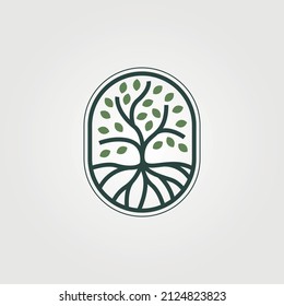 abstract tree minimal logo emblem vector design, oak tree line art logo design