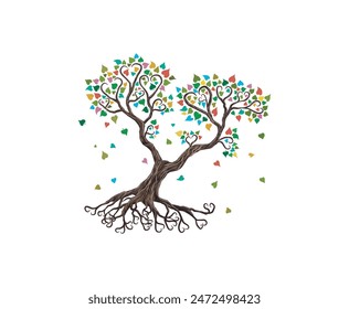 abstract tree with multicolored heart leaves shaped.