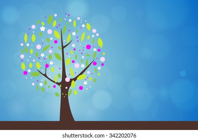 Abstract tree on blue bokeh background - spring natural motive. Vector illustration.