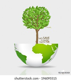 Abstract tree on green globe. Vector illustration.