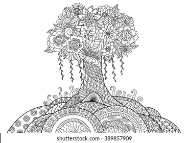 Abstract tree on the hill line art design for coloring book