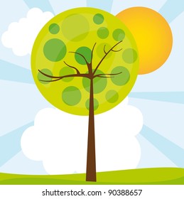abstract tree over green landscape. vector illustration