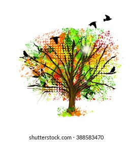 Abstract tree from paint spots with birds. Vector