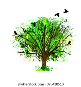 Abstract tree from paint spots with birds. Vector