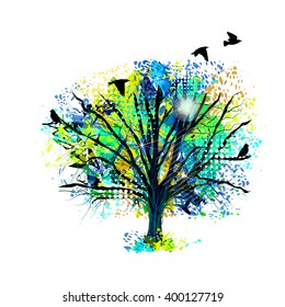 Abstract tree from paint spots with birds. Vector