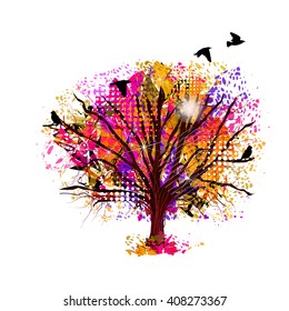 Abstract tree from paint spots with birds. Vector