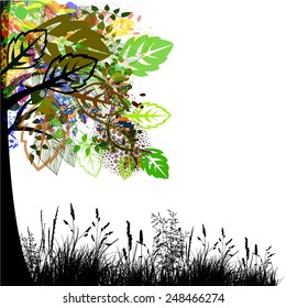 Abstract tree with paint stains and leaves. Vector
