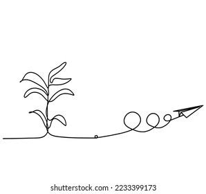 Abstract tree with paper plane as line drawing on the white background. Vector