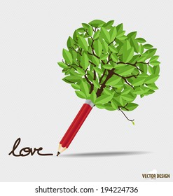 Árbol abstracto con lápiz. Ilustración vectorial.