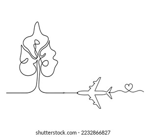 Abstract tree with plane as line drawing on the white background. Vector