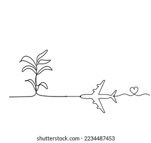 Abstract tree with plane as line drawing on the white background. Vector