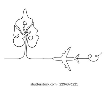 Abstract tree with plane as line drawing on the white background. Vector