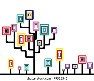 Abstract tree and plants with rounded square leaves. Vector illustration.
