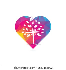 Abstract Tree religious cross symbol icon vector design. Church and Christian organization logo. Church heart shape concept logo