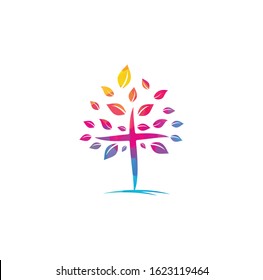 Abstract Tree religious cross symbol icon vector design. Church and Christian organization logo.