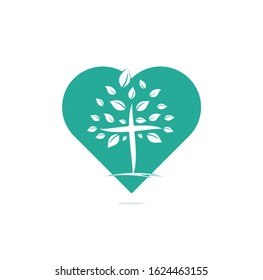 Abstract Tree religious cross symbol icon vector design. Church and Christian organization logo. Church heart shape concept logo
