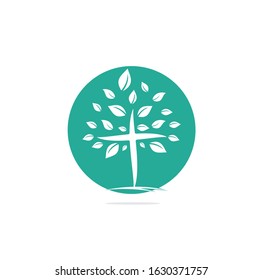 Abstract Tree religious cross symbol icon vector design. Church and Christian organization logo.