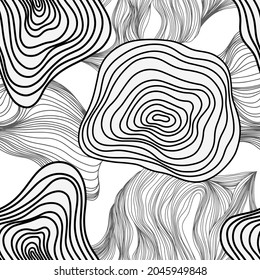 Abstract tree rings pattern. Vector topographic map concept. Seamless background. Thin black lines on white background.