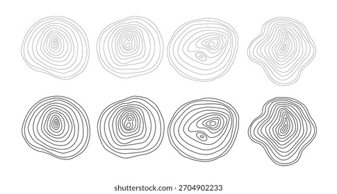 Os anéis de árvore abstratos ajustam-se e viram o ícone do tronco da árvore de corte doodle mão desenhada. Contorno de madeira círculo linha desenho clipart símbolo. Ilustração vetorial. Espessura de linha editável