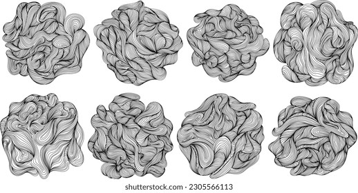 Abstract tree rings set. Topographic map concept collection. Thin black lines on white.