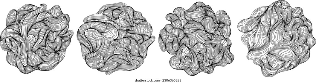 Abstract tree rings set. Topographic map concept collection. Thin black lines on white.