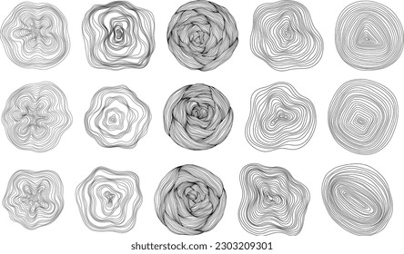 Abstract tree rings. Topographic map concept set. Collection for background. Thin black lines on white shapes.